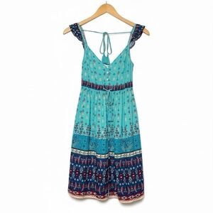 Hollister Women's Boho Floral Dress XS Teal Tassel Tie Button Front Festival